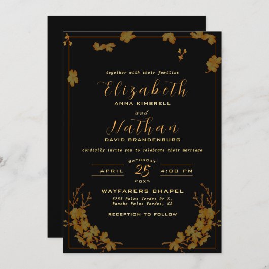 黒モダンエレガントと金ゴールドのフローラ結婚 招待状 (正面/裏面)