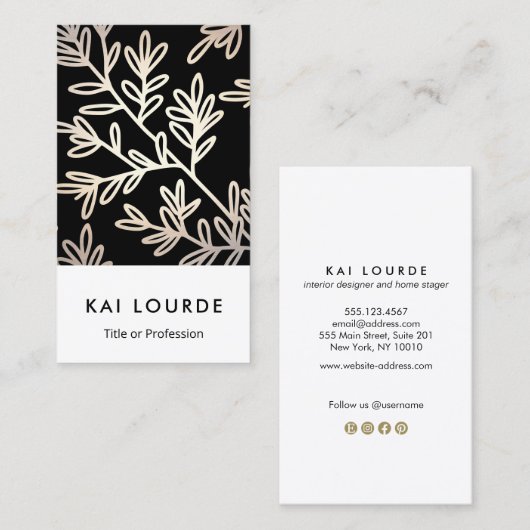 黒モダンエレガントと金ゴールドの葉のパターン 名刺 (正面/裏面)