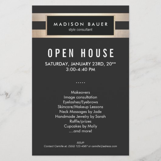 黒モダンエレガントと金ゴールドストライプ チラシ (正面)