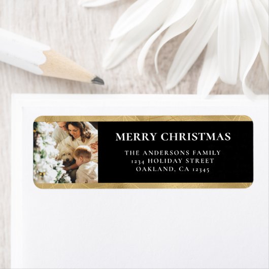 黒モダンエレガントと金ゴールドフェイクのクリスマスフォト ラベル (インサイチュ)