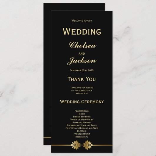 黒モダンエレガントと金ゴールド結婚の プログラム (正面/裏面)