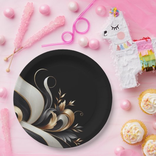 黒モダンエレガントと金ゴールド ペーパープレート (パーティー)