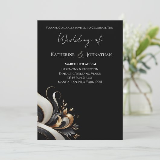 黒モダンエレガントと金ゴールド 招待状 (スタンド正面)