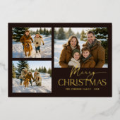 黒モダンエレガントのクリスマス家族の写真金ゴールド 箔シーズンカード (正面)