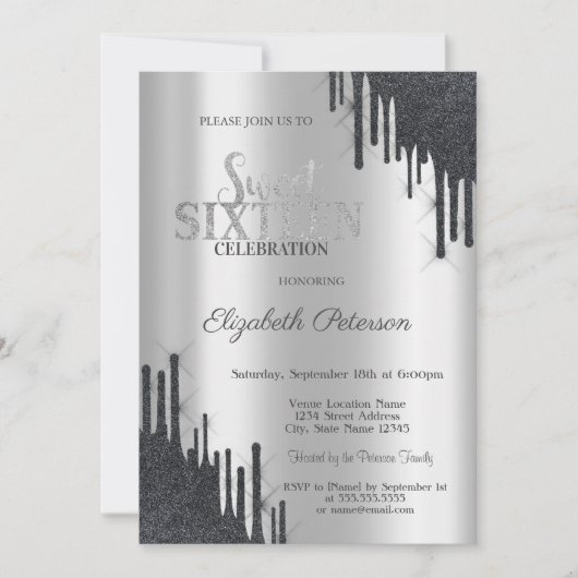 黒モダンエレガントグリッタードリップススウィート16 招待状 (正面)