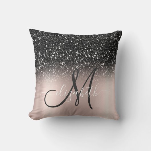 黒モダンエレガントグリッターバラ金ゴールドモノグラム クッション (正面)