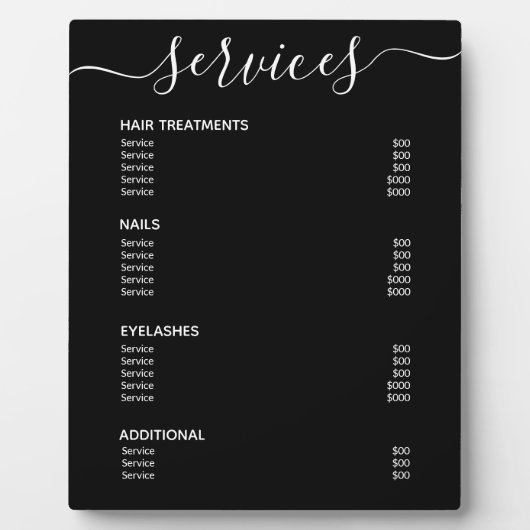 黒モダンエレガントサロン価格表サービス・メニュー フォトプラーク (正面)