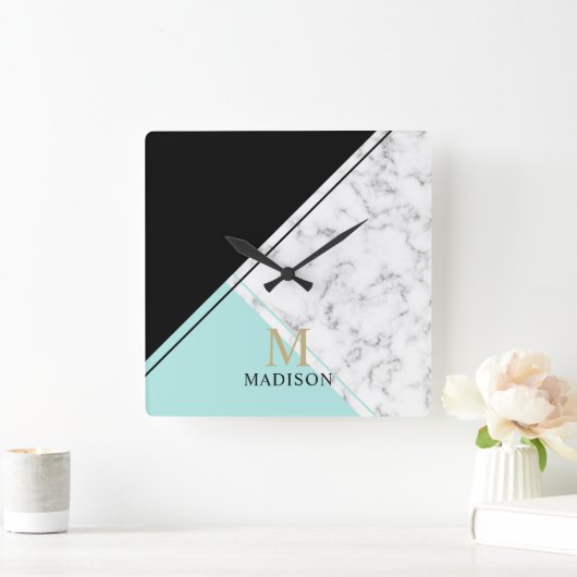 黒モダンエレガントターコイズ大理石モノグラム スクエア壁時計 (ホーム)