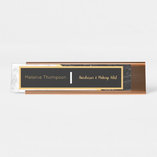 黒モダンエレガントトレンディー白大理石スクリプト デスクネームプレート (正面)