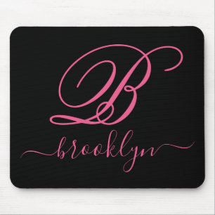 黒モダンエレガントピンク手書きモノグラムの マウスパッド