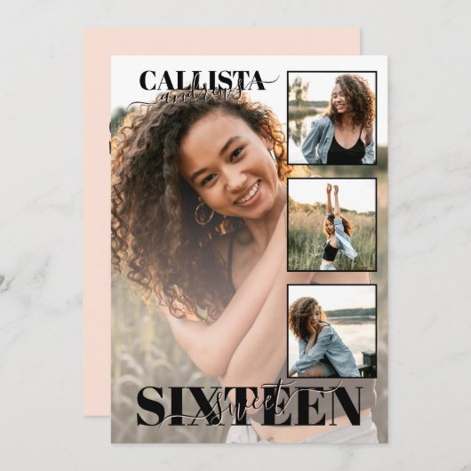 黒モダンエレガントピンク4枚フォトスイート16 招待状 (正面/裏面)