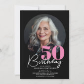 黒モダンエレガントピンク50歳の誕生日パーティー 招待状 (正面)