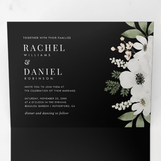 黒モダンエレガントフローラ結婚植物薬 三つ折り招待状 (内部最初)