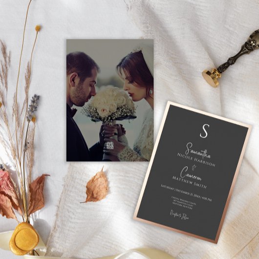 黒モダンエレガントミニマル写真 箔招待状