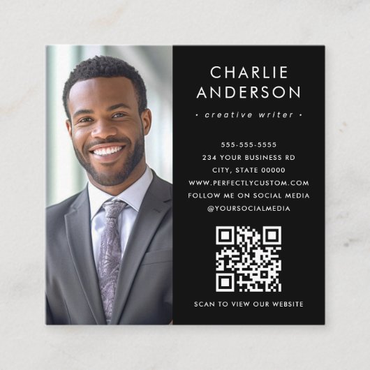 黒モダンエレガントミニマル写真QRコード スクエア名刺 (正面)