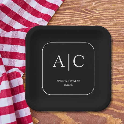 黒モダンエレガントモノグラム結婚ズスクエア ペーパープレート