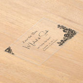 黒モダンエレガントレース日付カードの保存 アクリル招待状 (レイダウン)