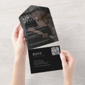 黒モダンエレガント写真QR RSVP結婚の オールインワン招待状 (貼ってはがせる)