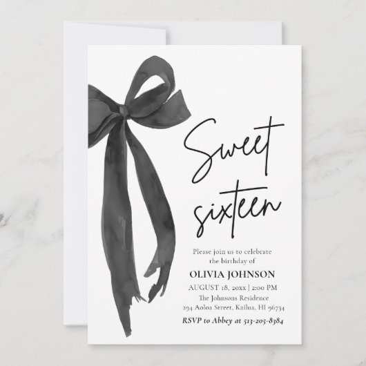 黒モダンエレガント弓スウィート16バースデーパーティー 招待状 (正面)