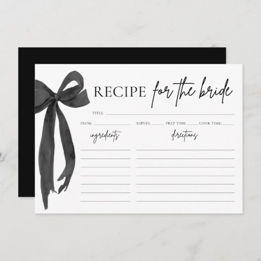 黒モダンエレガント弓ブライダルシャワーレシピカード 招待状 (正面/裏面)
