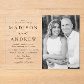 黒モダンエレガント文字の写真結婚の アクリル招待状 (正面)