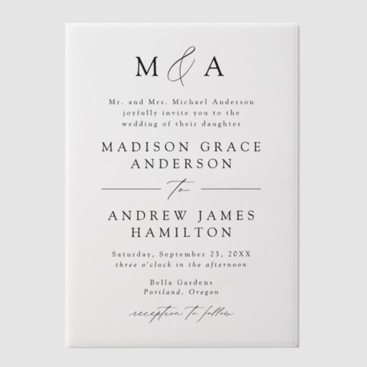 黒モダンエレガント文字モノグラム結婚ズ ベラム紙招待状 (正面)