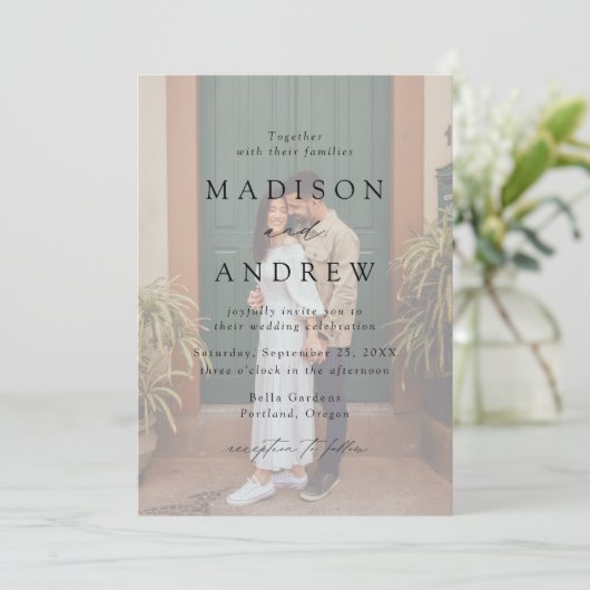 黒モダンエレガント文字2写真結婚s 招待状 (スタンド正面)