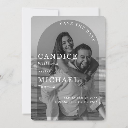 黒モダンエレガント白のアーチ写真結婚 セーブザデート (正面)