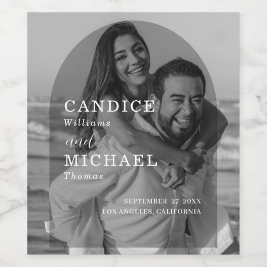 黒モダンエレガント白のアーチ写真結婚 ワインラベル (シングルラベル)