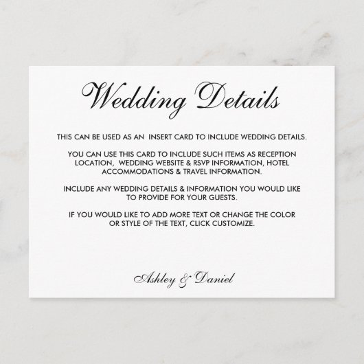 黒モダンエレガント白の結婚詳細 ポストカード (正面)