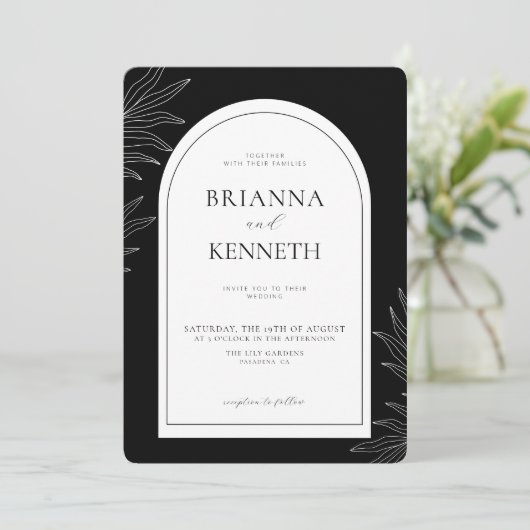 黒モダンエレガント白アー結婚チ 招待状 (スタンド正面)