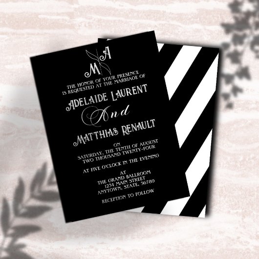 黒モダンエレガント白ストライプの結婚の 招待状