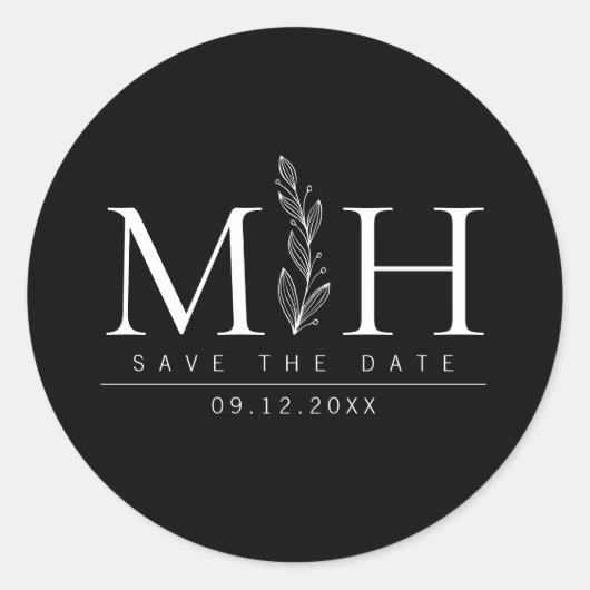 黒モダンエレガント白モノグラム結婚ズ ラウンドシール (正面)