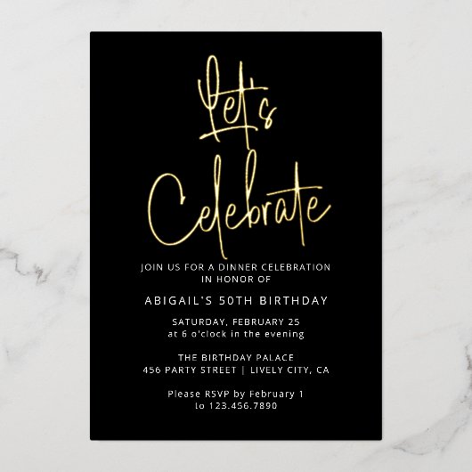黒モダンエレガント祝金ゴールド誕生会 箔招待状 (正面)