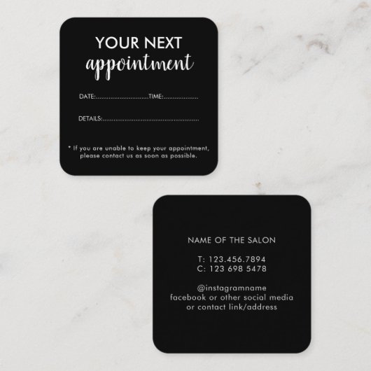 黒モダンエレガント美しいサロン 予約カード (正面/裏面)