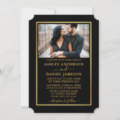 黒モダンエレガント色と金ゴールドチケットスタイル結婚の 招待状 (正面)