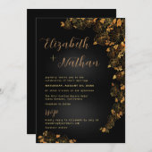 黒モダンエレガント色と金ゴールド引用文のフローラ結婚 招待状 (正面/裏面)