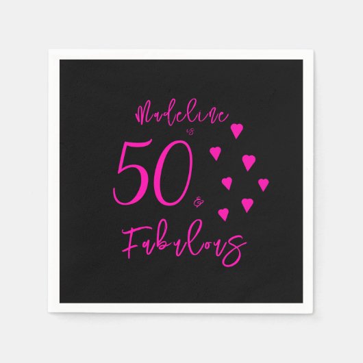 黒モダンエレガント色ホットピンクハート50誕生日 スタンダードカクテルナプキン (正面)