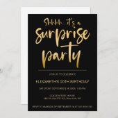 黒モダンエレガント金ゴールドサプライズ誕生日パーティー 招待状 (正面/裏面)