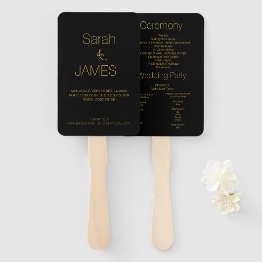 黒モダンエレガント金ゴールドスクリプト結婚式 プログラム ハンドファン (正面&裏面)