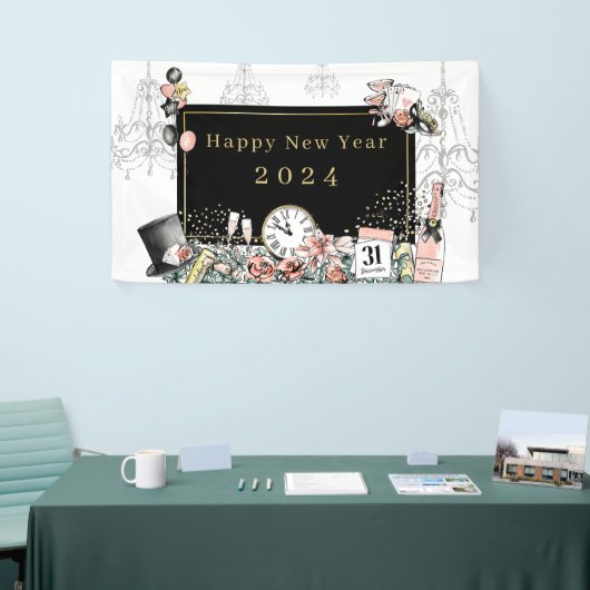 黒モダンエレガント金ゴールドハッピー新年パーティー 横断幕 (トレードショー)