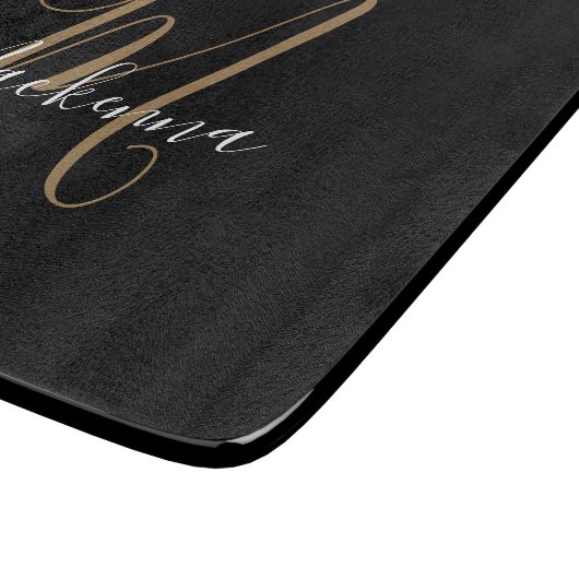 黒モダンエレガント金ゴールドモノグラムスクリプト名 カッティングボード (角)