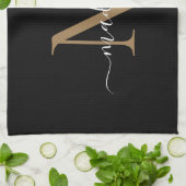 黒モダンエレガント金ゴールドモノグラムスクリプト名 キッチンタオル (折り畳み)