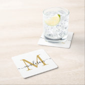 黒モダンエレガント金ゴールドモノグラムスクリプト名 スクエアペーパーコースター (インサイチュ)