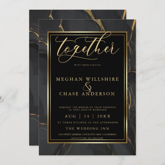 黒モダンエレガント金ゴールド大理石はだしの花嫁™ 招待状 (正面/裏面)