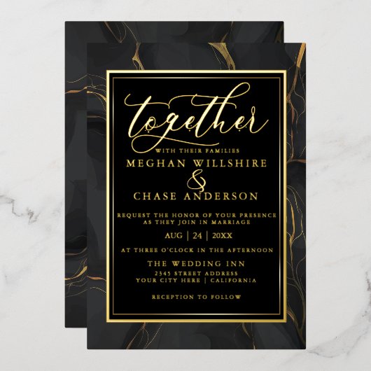 黒モダンエレガント金ゴールド大理石 箔招待状 (正面/裏面)