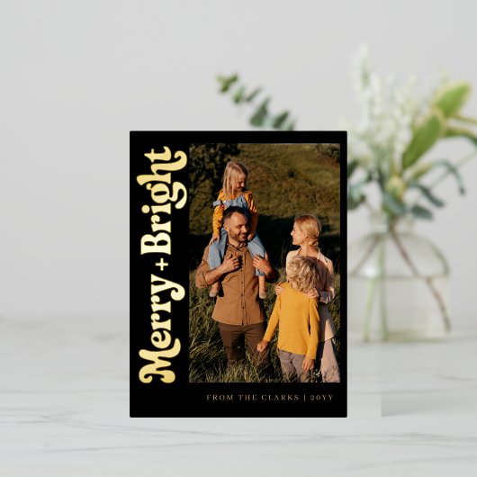 黒モダンエレガント金ゴールド家族写真クリスマス 箔シーズンポストカード (立ち正面)
