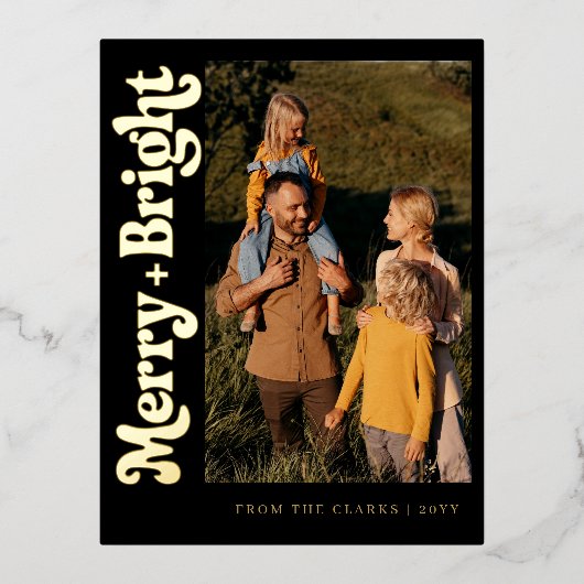 黒モダンエレガント金ゴールド家族写真クリスマス 箔シーズンポストカード (正面)