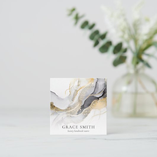 黒モダンエレガント金ゴールド水色 スクエア名刺 (スタンド正面)