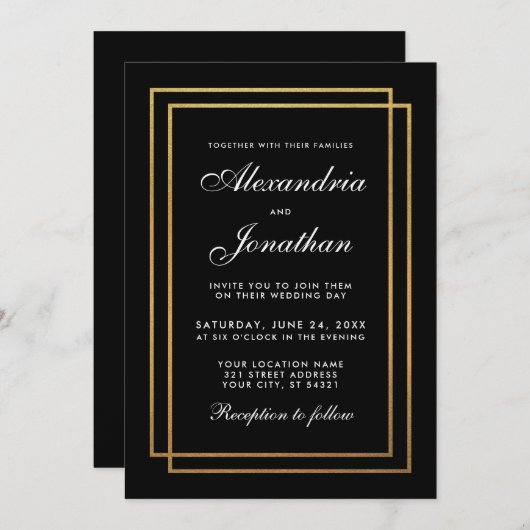 黒モダンエレガント金ゴールド結婚式招待状 招待状 (正面/裏面)